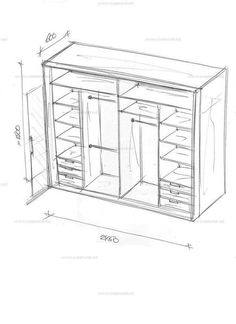 a drawing of an armoire with drawers and shelves on the bottom, one door open