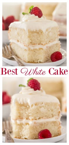 two pictures of a white cake with raspberries on top