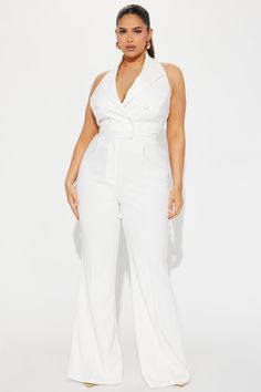 Available In White. Jumpsuit Halter Collar V-Neck Faux Pocket Functional Button Front Wide Leg Pant Zipper Closure Low Back Partially Lined Stretch Shell / Lining 95% Polyester 5% Spandex Imported | Class Act Jumpsuit in White size 3X by Fashion Nova