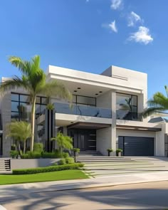 a large white house with palm trees in the front yard and stairs leading up to it