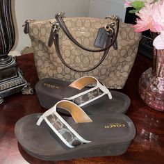 Coach Signature Jacquard And Leather Kelsey Shoulder Bag $328 Coach Wedge Sandals $85 Preowned Excellent Condition Kelsey Is Still New. Shoes Were Worn Once For Moments. Bags Coach, Shoes Color, New Shoes, Coach Bags, Wedge Sandals, Wedges, Bag Lady, Shoulder Bag, Sandals