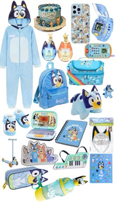 a collection of children's items including pajamas, backpacks and other things to wear