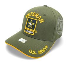 an army green hat with the u s army logo on it and yellow trimmings