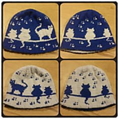 four pictures of different hats with cats and snowflakes on them, one is blue and the other is white