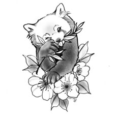 a black and white drawing of a bear with flowers