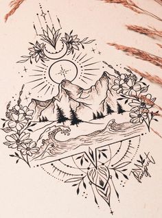 an ink drawing of mountains and trees with sun in the sky above them on a piece of paper