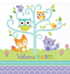 a welcome baby card with an owl and other animals