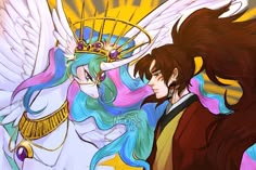 two anime characters are facing each other with wings