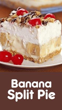 banana split pie on a plate with cherries in the middle and text overlay