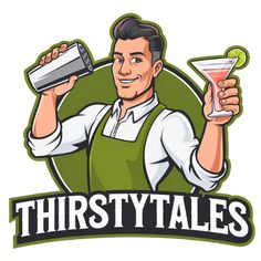 a man in an apron is holding a cocktail glass with the word thirsty tales on it