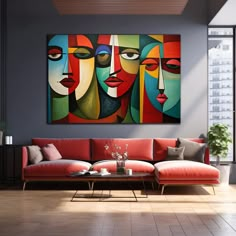 a living room scene with focus on the couch and paintings hanging above the coffee table