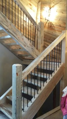 Iron pickets installed. Basement Stairs Ideas, Rustic Staircase, Attic Renovation Ideas, Attic Stairs, Basement Stairs, Attic Renovation