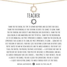 a necklace with the words teacher written on it and a chain that says thank you for teaching