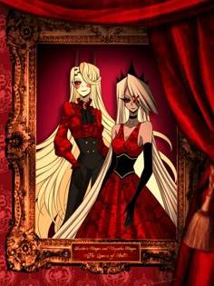 two women dressed in red and black standing next to each other with long white hair