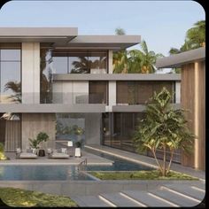 an artist's rendering of a modern house with pool in the foreground and palm trees on either side