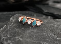 **Gold/Silver Filled: A thick layer of 24K Yellow Gold/Bright Silver on the band outside of copper. It is thicker than cheap gold/silver plate and gives more durability for daily wear. *Stone - Raw Turquoise and Raw Herkimer Diamond. (We accept custom orders. Please let us know if you want to use different raw stones) *All raw stones are hand selected, and set on a beautiful shank for a one-of-a-kind work of art. Every art piece is handmade and varies slightly, just made for the same unique you! Turquoise Wedding Ring, Raw Turquoise Ring, Turquoise Engagement Ring, Turquoise Wedding Rings, Raw Diamond Ring, Turquoise Ring Engagement, Raw Diamond Rings, Raw Turquoise, Herkimer Diamond Ring