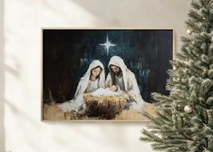 a christmas scene with two women and a baby in the manger, surrounded by pine trees