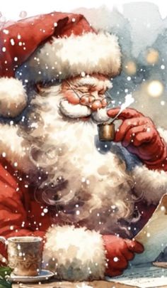 a painting of santa claus reading a letter and drinking from a cup in the snow