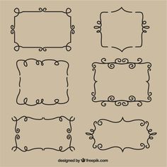 six hand drawn frames with decorative lines and scrolls on the edges, all in different sizes