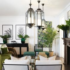 a living room filled with lots of furniture and plants on top of it's walls