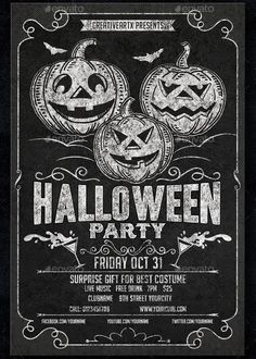 an old fashioned halloween party flyer with pumpkins and bats on the front, black background