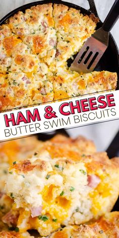 ham and cheese butter swim biscuits in a cast iron skillet with a spatula