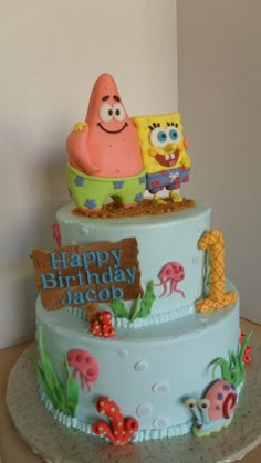 a birthday cake with spongebob characters on it