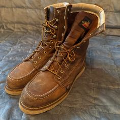 Excellent Condition Thorogood Boots. Made In The Usa. Rustic Lace-up Boots With Reinforced Toe, Rustic Boots With Vibram Sole And Round Toe, Rustic Work Boots With Vibram Sole And Round Toe, Rustic Work Boots With Vibram Sole, Rustic Steel Toe Boots With Round Toe, Thorogood Boots, Work Boot, Work Boots, Made In The Usa