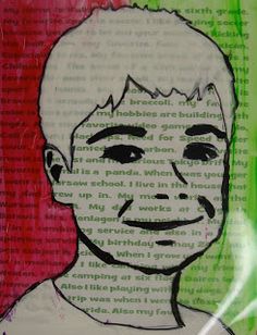 a drawing of a man's face on a piece of paper with words all over it