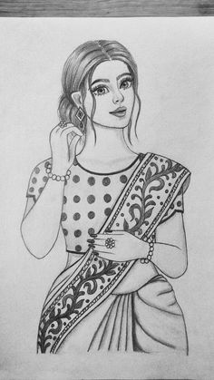 a pencil drawing of a woman wearing a sari and holding her hand up to her ear