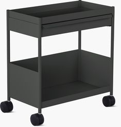 a dark blue cart with two shelves on wheels