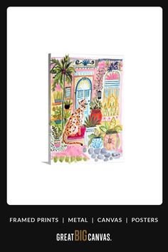 a card with an image of a giraffe in front of a door and palm trees