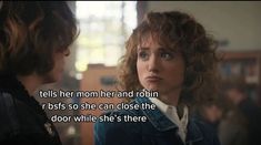 a woman with curly hair talking to another woman in a room and the caption reads, tell her mother and robin