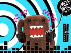 a teddy bear with headphones and music notes on it's ears is standing in front of a blue background