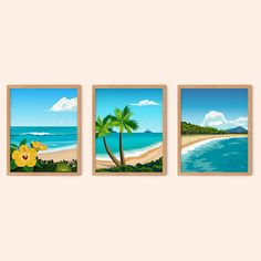 three pictures of the beach with palm trees and flowers on them, hanging on a wall