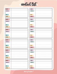 a printable planner with the words contact list on it