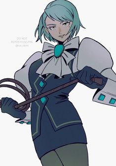 an anime character with blue hair and green eyes, holding a large metal object in her hands