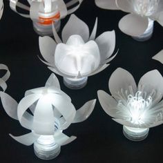 some white flowers are sitting on a black surface with lights in the shape of petals