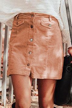 Apricot High Waist Button Corduroy Mini Skirt Casual Corduroy Mini Skirt With Pockets, Casual Corduroy Mini Skirt, Casual Beige Mini Skirt With Button Closure, Pink Bottoms With Buttons For Fall, Casual Button-up Fall Skirt, Casual Corduroy Mini Skirt For Winter, Pink Fall Bottoms With Buttons, Trendy Button-up Mini Skirt For Fall, Casual Pink Skirt With Buttons