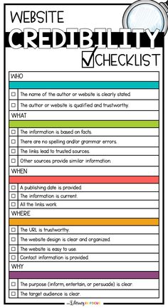 a checklist with the words website credibeity and an image of a magnifying lens