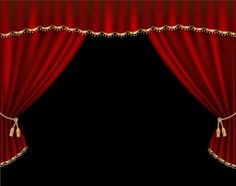 a black background with red curtains and gold trim