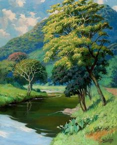 a painting of a river in the middle of a green field with trees and grass