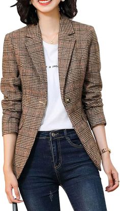 ebossy Women's Notch Lapel 2 Button Boyfriend Blazer Suit Houndstooth Plaid Jacket Coat (Small, X-Brown) at Amazon Women’s Clothing store