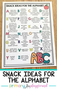 a printable snack idea for the alphabet is shown on a table with text that reads snack ideas for the alphabet