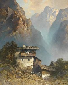 a painting of a mountain scene with a house in the foreground