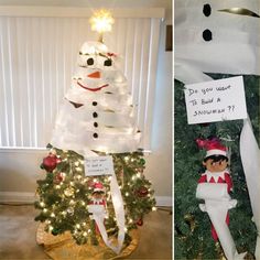 two christmas trees decorated with snowmen and elf hats, one has a sign that says do you want to build a snowman?