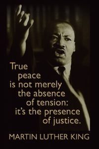 martin luther king with quote about true peace and the meaning behind it on black background