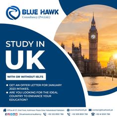 a poster with the words study in uk and an image of big ben at sunset