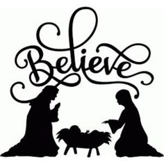 a black and white silhouette of two people with a baby jesus in the manger