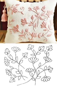 a pillow with embroidered flowers and tassels on the side, next to an image of